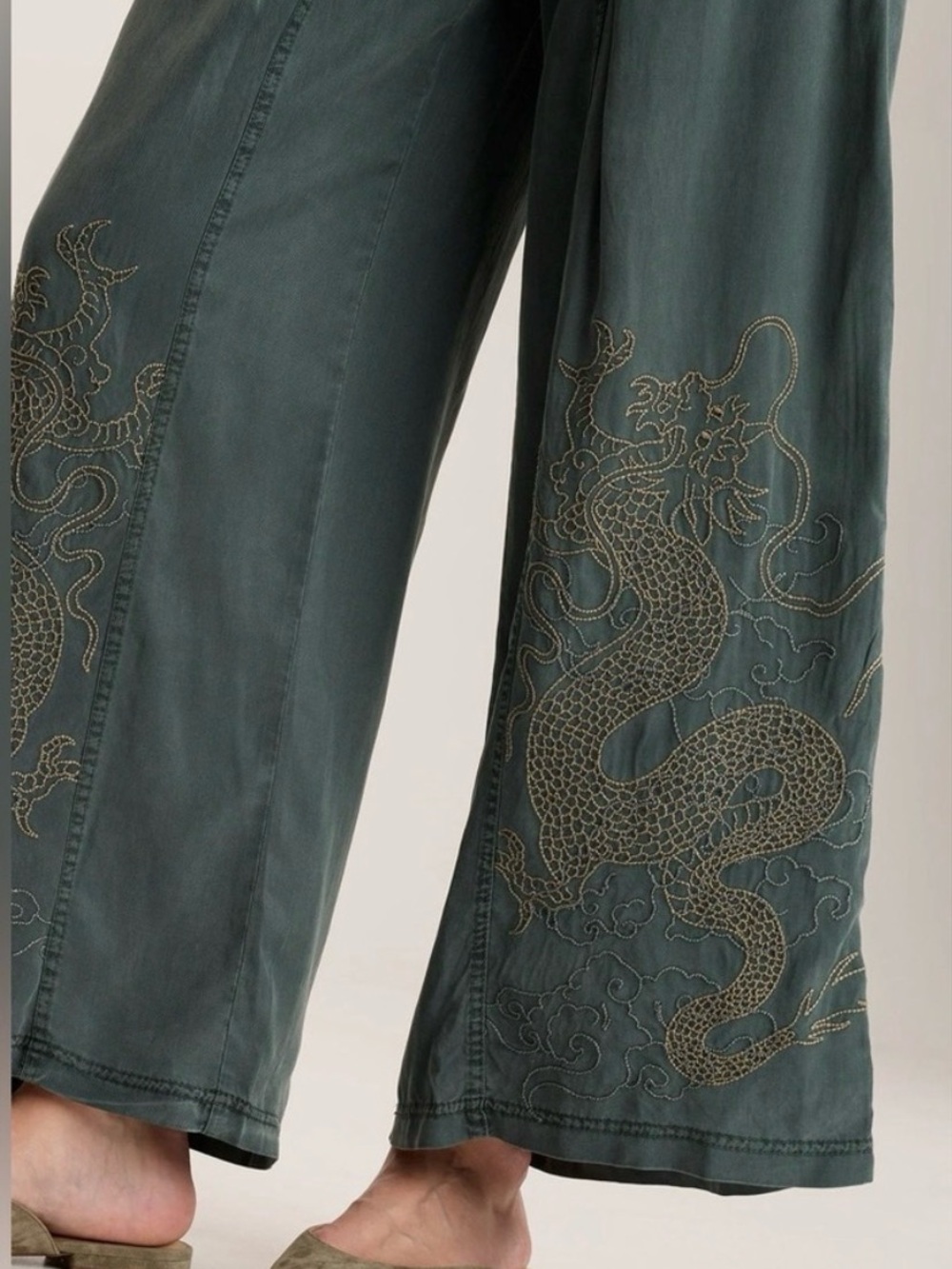 Wide-Leg Dragon Embroidered XCVI Pants - Teal/Olive Green - Picture 3 of 8